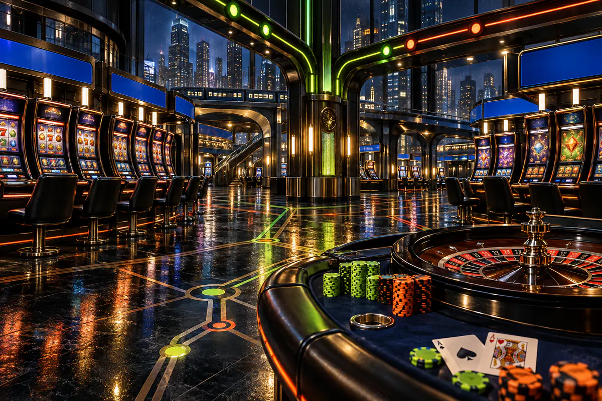 Urban casino transit hall with slot machines, roulette table, playing cards and lime-orange chips